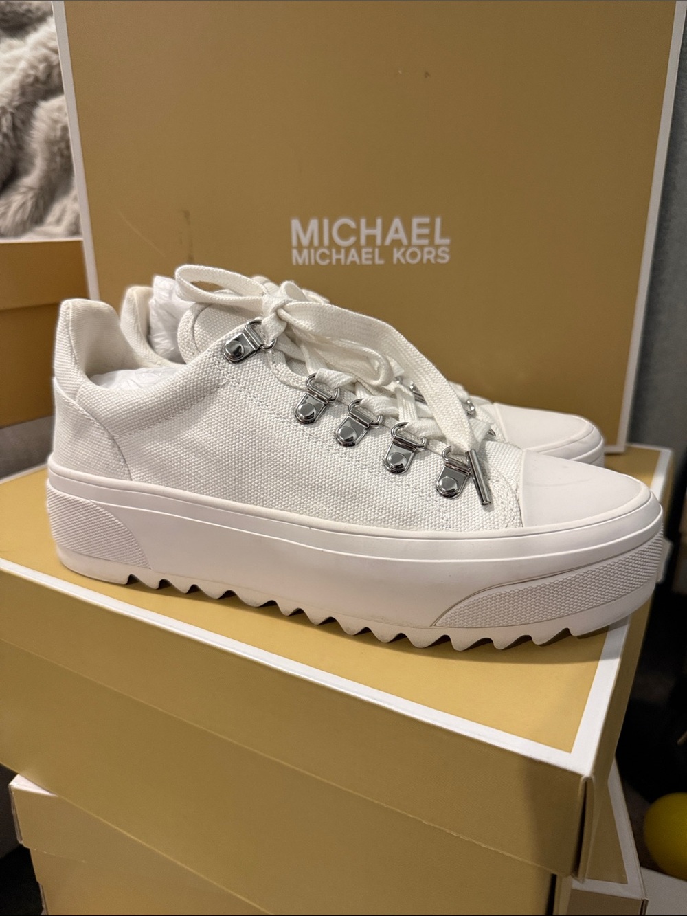 MICHAEL Michael Kors White Canvas Platform Sneakers with Silver-Tone Hardware